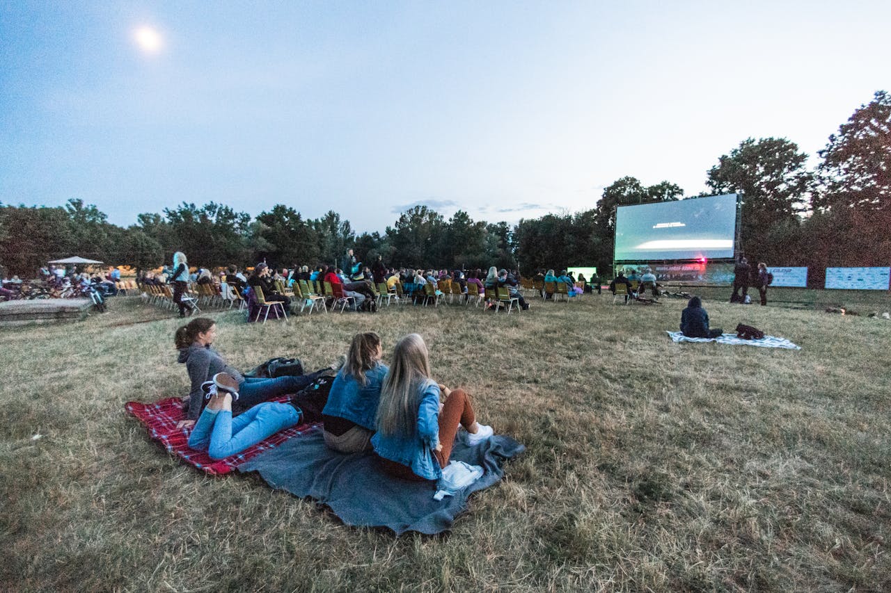 People enjoying an outdoor movie night under the sky in a scenic setting surrounded by trees.